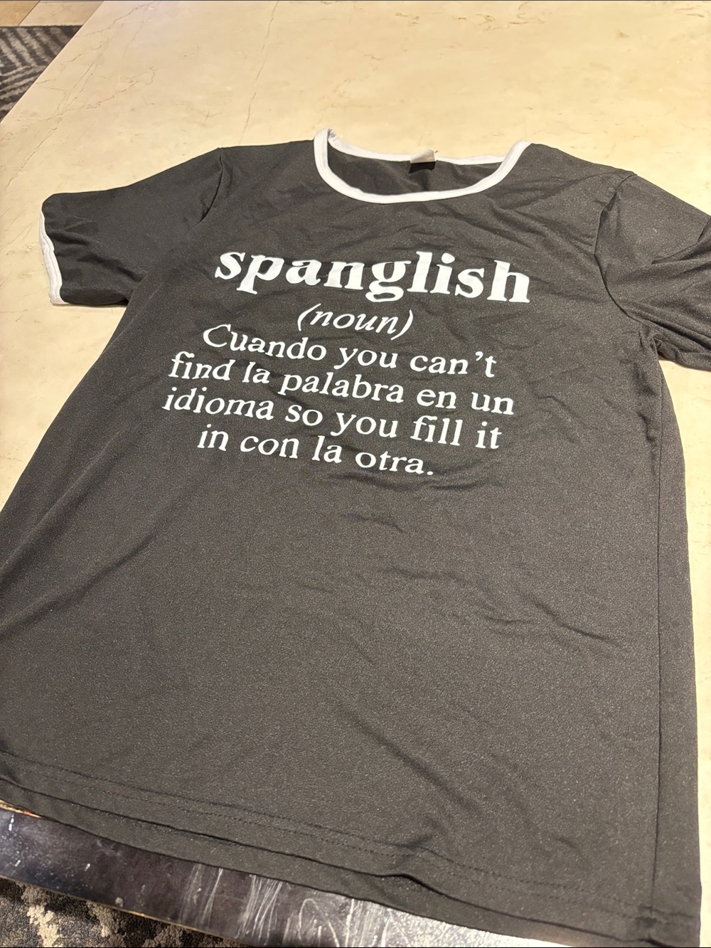 Spanglish Graphic Ringer T-Shirt - Black with White Trim - Picture 1 of 7